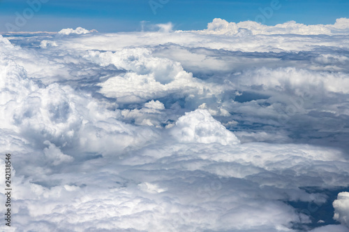 Flying above a dense layer of white clouds. Great and beautiful clouds. 