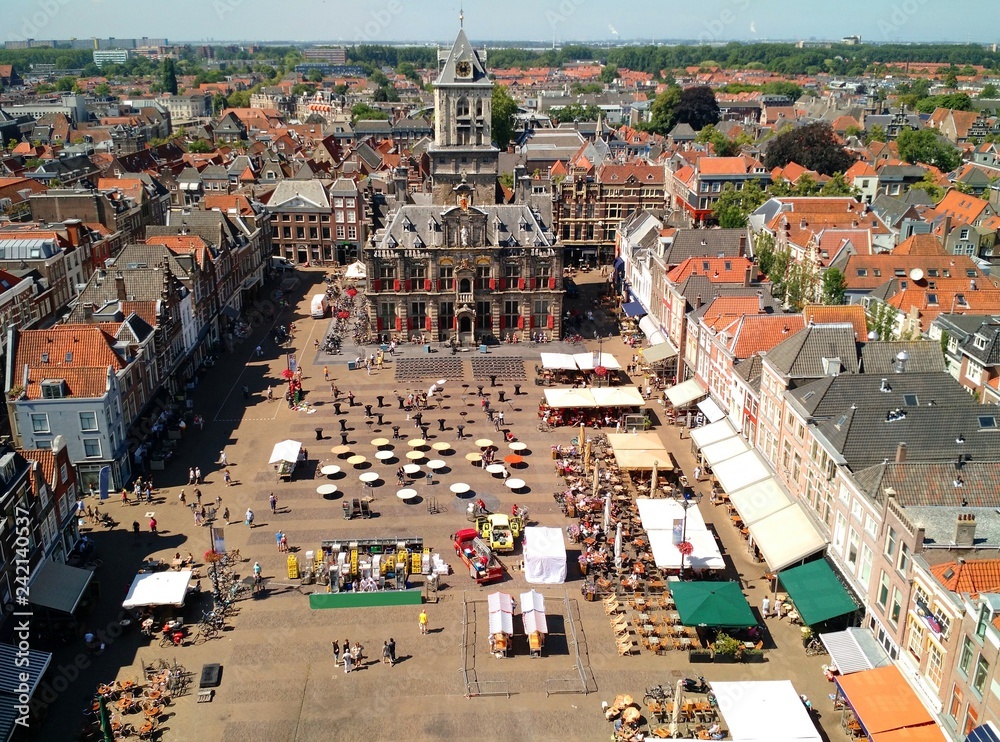 Aerial photography of Delft Markt (old town square), Delft, Netherlands