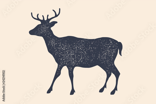 Deer, silhouette. Vintage logo, retro print, poster