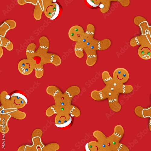 Vector seamless background with realistic christmas gingerbread mans, decorated with icing, on red background