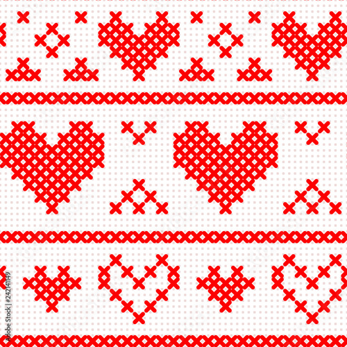 Red simple cute cross stitch hearts and stripes on white canvas seamless pattern, vector