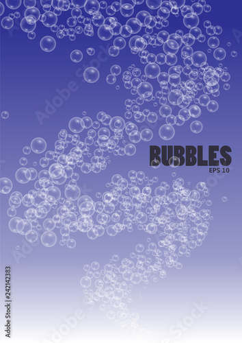 Bubbles in water on blue background horizontal seamless pattern. Clear soapy shiny, vector illustration02