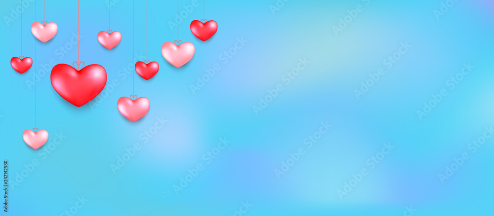 Hanging hearts. Valentines day greeting card design in 3d style on sky background. Isolated objects for celebration decoration design.