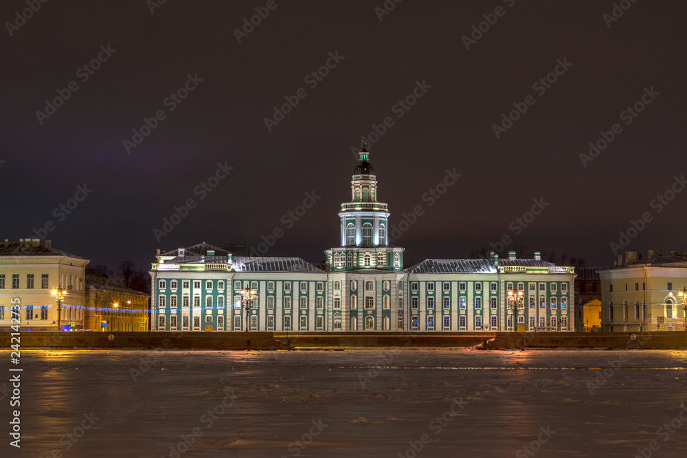 Obraz premium View of Vasilievsky island in St. Petersburg, Russia on a winter night.