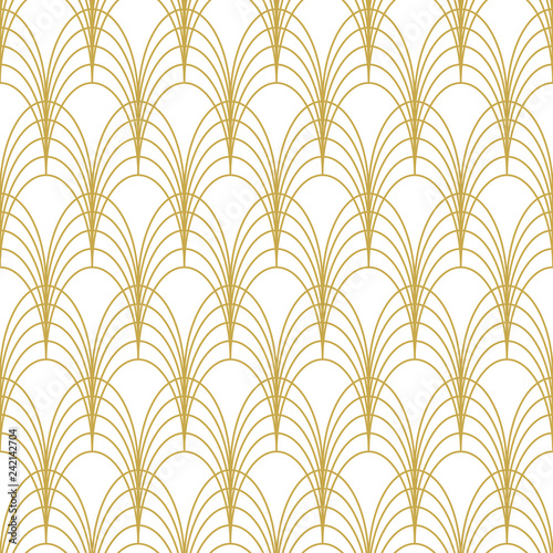 Art deco style ornament with fish scales. Seamless vector pattern in gold