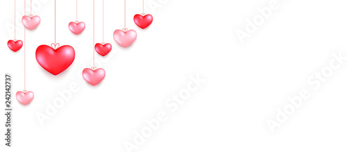 Hanging hearts. Valentines day greeting card design in 3d style on white background. Isolated objects for celebration decoration design.