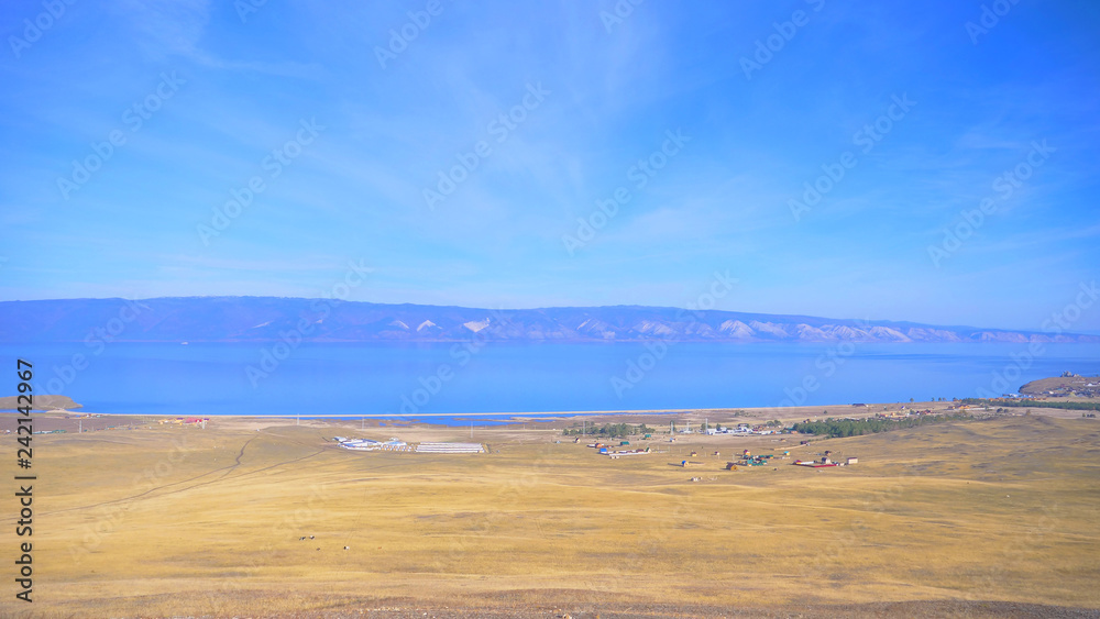 Beautiful view of Lake Baikal Olkhon Island in a sunny day, Irkutsk Russia.