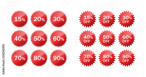 Discount red vector star badge. Discount price off star circle glossy sticker set.