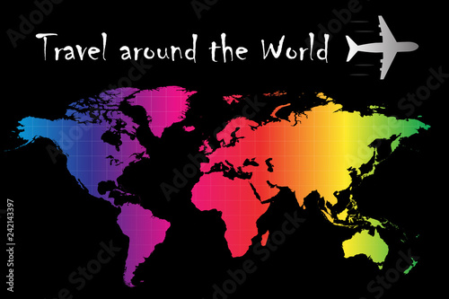 Multi colored world map with travel around the world concept design