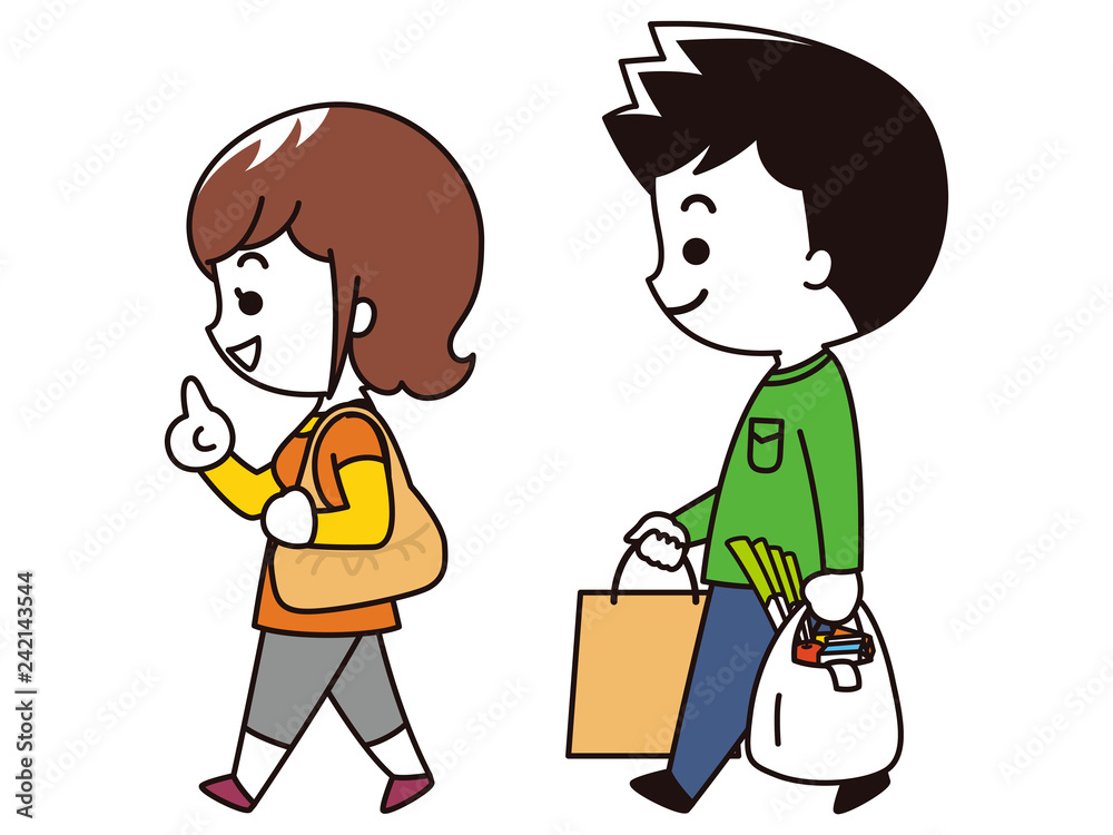 買い物帰りの若い男女 買い物帰りの若い男女