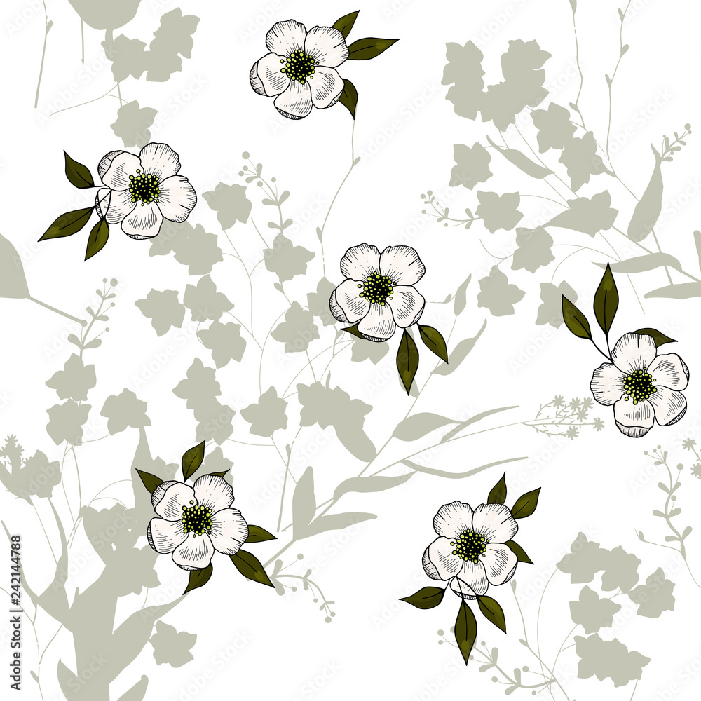 Realistic isolated seamless flower pattern. Vintage set. Wallpaper. Hand drawn. Vector illustration. Abstract flower drawing.