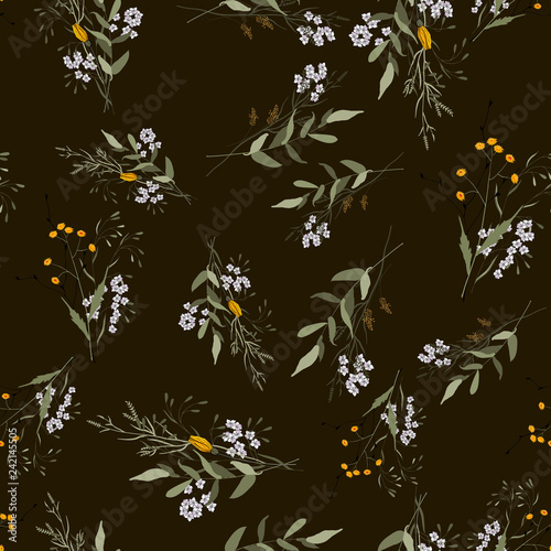 Seamless vector illustration for fashion, fabric. Scarf prints. Bohemian flowers pattern, floral hand drawn mix. © Yuliia