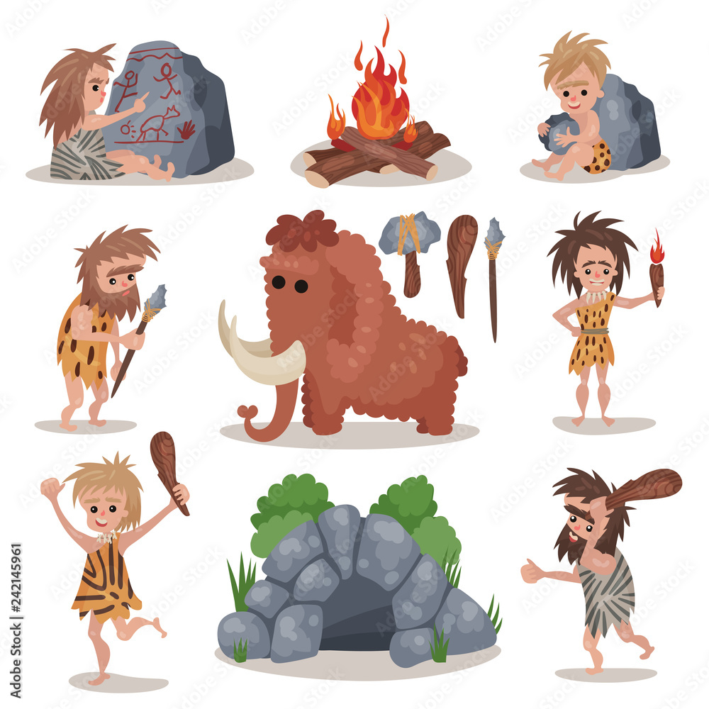 Prehistoric stone age set, primitive people, stone age weapon and tools vector Illustrations