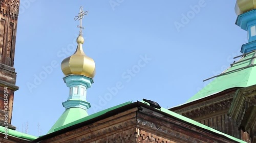 roof with dome of wooden Orthodox Holy Trinity Cathedral in Karakol, black bird drinking, winter, Kyrgyzstan, 2015