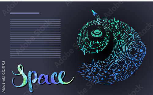 Hand drawn abstract stylized galactic spiral with stars and Brush stroke lettering with inspiration, motivation, encouraging quote. Cosmic watercolour background. Night sky with stars, colorful galaxy