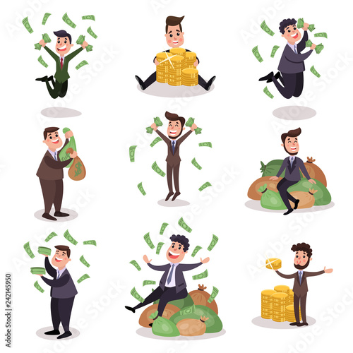 Rich wealthy happy millionaire characters set of colorful vector Illustrations