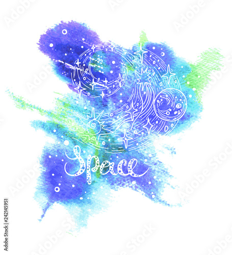 Hand drawn abstract stylized galactic spiral with stars and Brush stroke lettering with inspiration, motivation, encouraging quote. Cosmic watercolour background. Night sky with stars, colorful galaxy