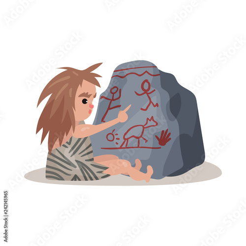 Stone age cave kid sitting on the floor and painting on the stone using his finger, colorful vector illustration