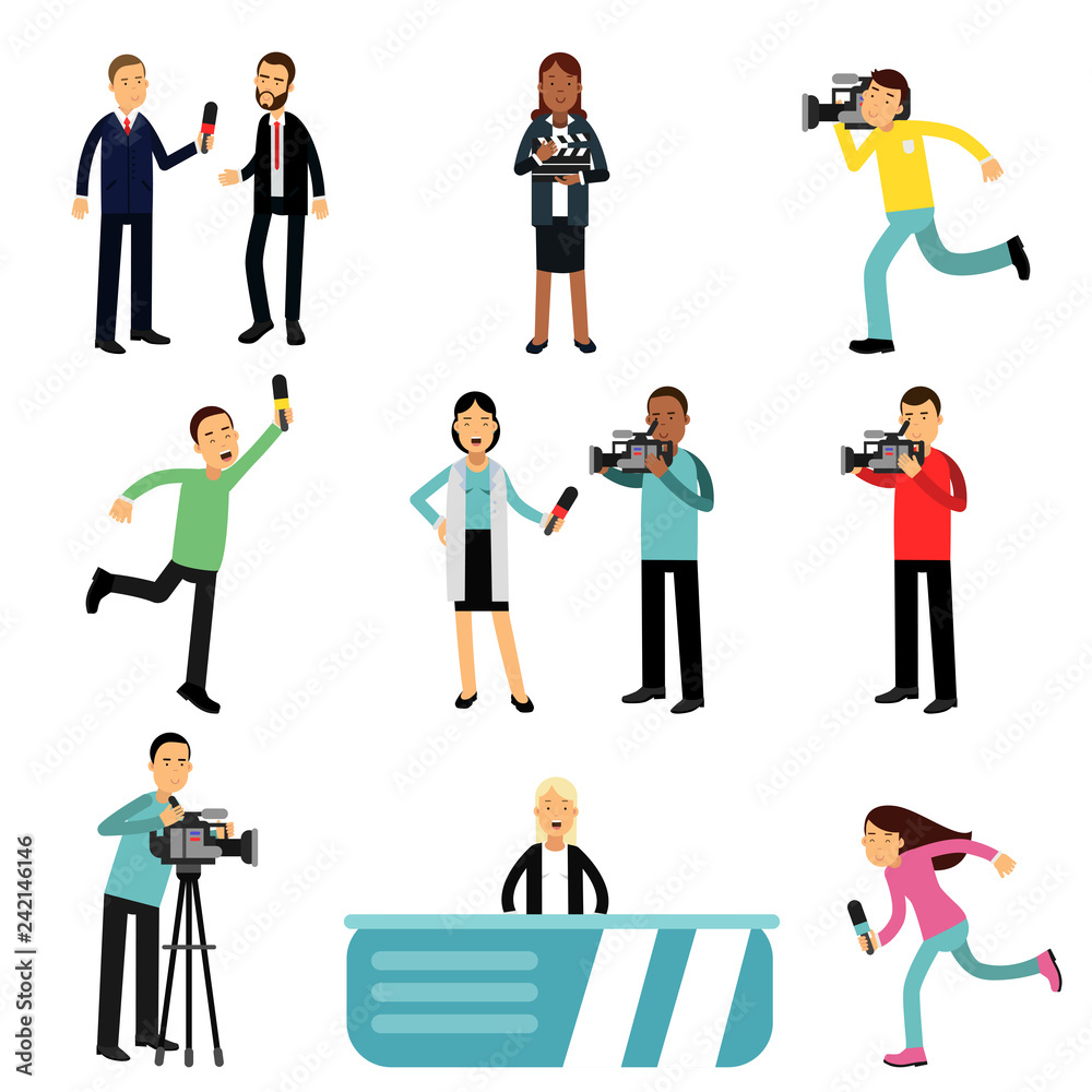 Reporters and cameramen shooting and interviewing people creating tv broadcast, journalists at work set vector Illustrations