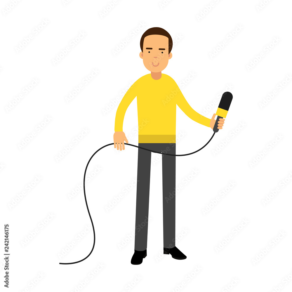 Male reporter character standing with a microphone, journalist doing report vector Illustration Male reporter character standing with a microphone, journalist doing report vector Illustration