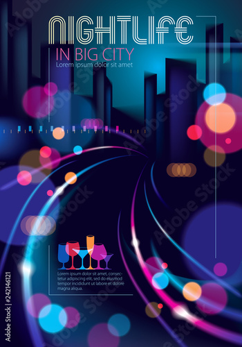 Night city with blurred lights bokeh texture vector illustration. Blur colorful dark background with cityscape, buildings silhouettes skyline. Brochure, flyer, cover, poster or guidebook template.