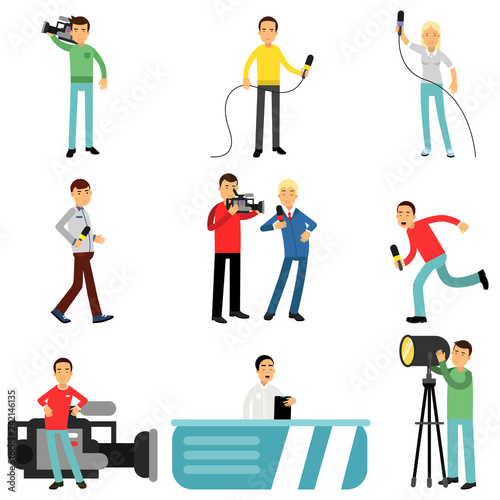 Journalists at work set, reporters and cameramen shooting and interviewing people creating tv broadcast vector Illustrations