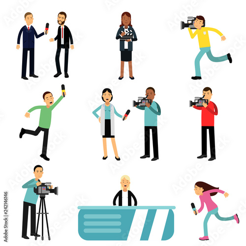 Reporters and cameramen shooting and interviewing people creating tv broadcast, journalists at work set vector Illustrations