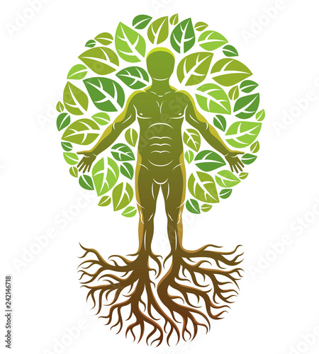 Vector illustration of human, athlete created as continuation of tree with strong roots and surrounded by eco green leaves. Environmental conservation theme, green innovation metaphor.