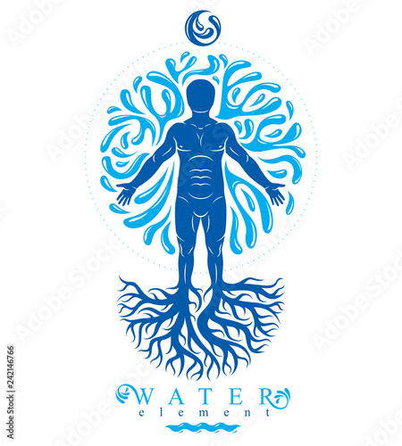 Vector graphic illustration of strong male  body silhouette deriving from water and composed with tree roots. International world water day.