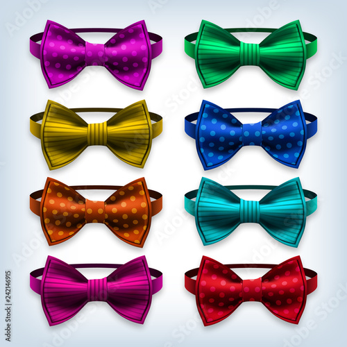 Bow Tie Set Vector. Hipster, Gentleman. Realistic Knot Silk Bow. Elegance Formal Suit Bowtie. Fashion Cloth, Classic Satin Butterfly. Clothing Accessories Illustration