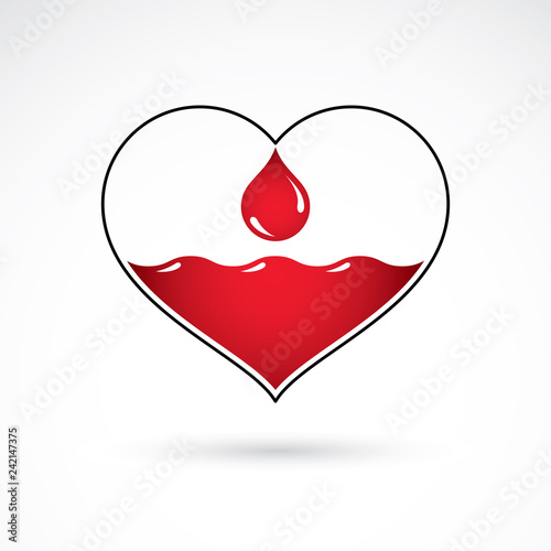 Vector red heart with blood circulation inscription. Blood transfusion metaphor, medical care emblem for use in pharmacy.