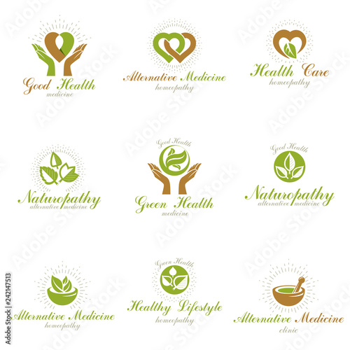 Homeopathy creative symbols collection. Alternative medicine conceptual vector emblems created using green leaves, heart shapes, religious crosses and caring hands.