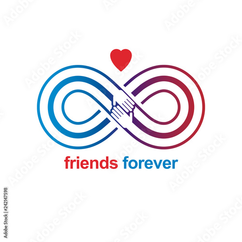 Friends Forever  everlasting friendship unusual vector logo combined with two symbols of Infinity and human hands.