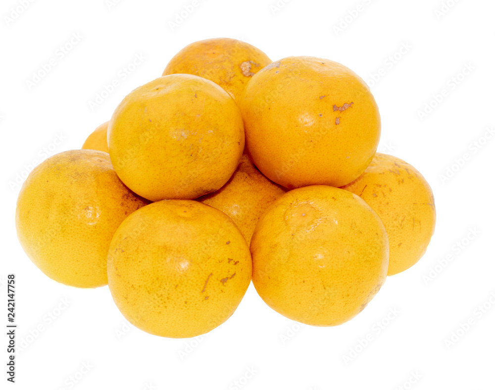 pile of tangerine on white wall wood background, isolated and clipping path
