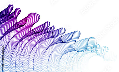 Dynamic particles sound wave flowing, transparent tulle textile on wind. Dotted curves vector abstract background. Beautiful 3d wave shaped array of blended points.