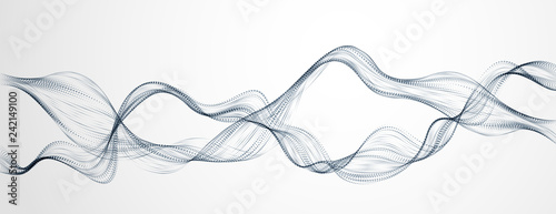 Dynamic particles mutual sound wave flowing. Double dotted curves vector abstract background. Beautiful 3d wave shaped split array of blended points.