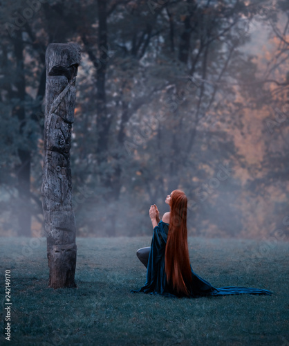young fairy came to worship the great old sacred stone, dressed in an amazing velvet blue cloak-dress, kneeling in the middle of a frozen frozen forest, covered with frost. art photo in cold colors
