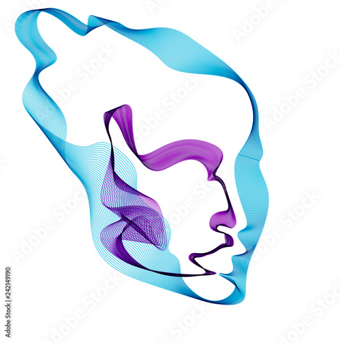 Beautiful vector human face portrait, artistic illustration of man head made of dotted particles array, Artificial Intelligence, pc programming software interface, digital soul.