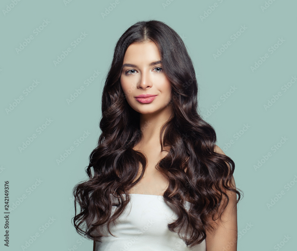 Healthy hair woman. Perfect girl with long curly hairstyle. Hair care concept - obrazy, fototapety, plakaty 