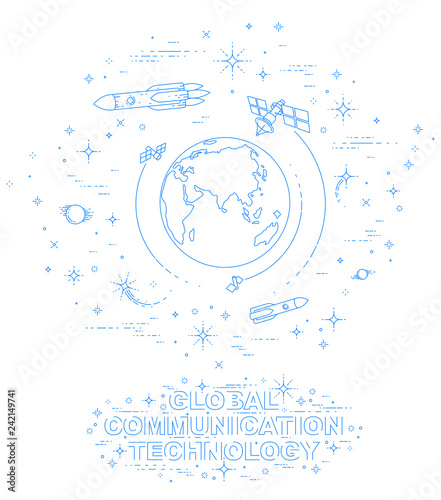 Small Earth in endless space surrounded by artificial satellites, stars and other elements. Global communication technology theme. Thin line 3d vector illustration isolated on white.