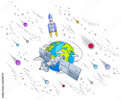 Communication satellite flying orbital spaceflight around earth, spacecraft space station with solar panels and satellite antenna plate, with rockets, stars and other elements. Vector.