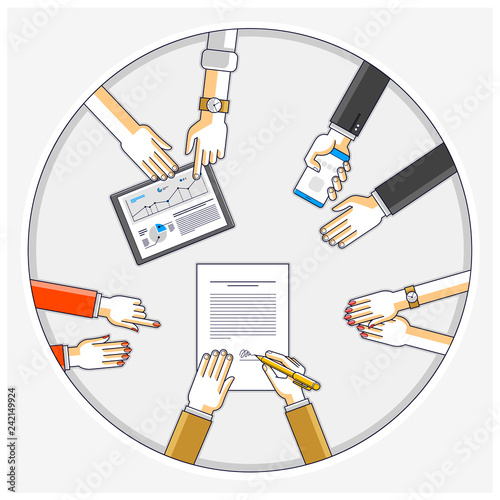 Business team make a presentation for investor and explains their plan with analytics, loaner or CEO chief signs financial document or order approve, deal conclusion. Top view of people hands. Vector.