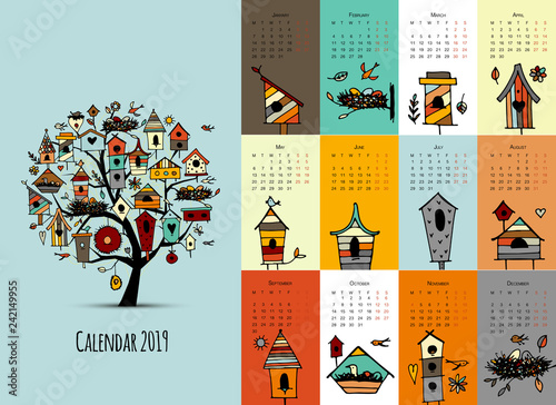 Birdhouses on tree, calendar 2019 design