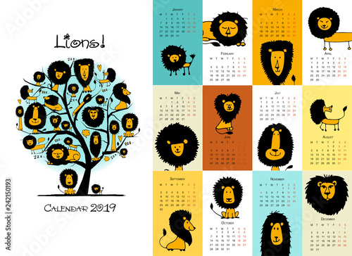 Fototapeta Naklejka Na Ścianę i Meble -  Funny lions, calendar 2019 design