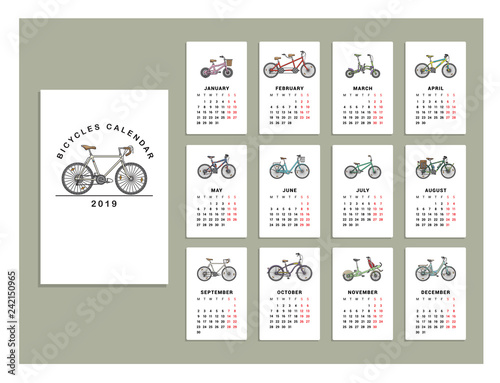 Bicycles calendar 2019. Vector