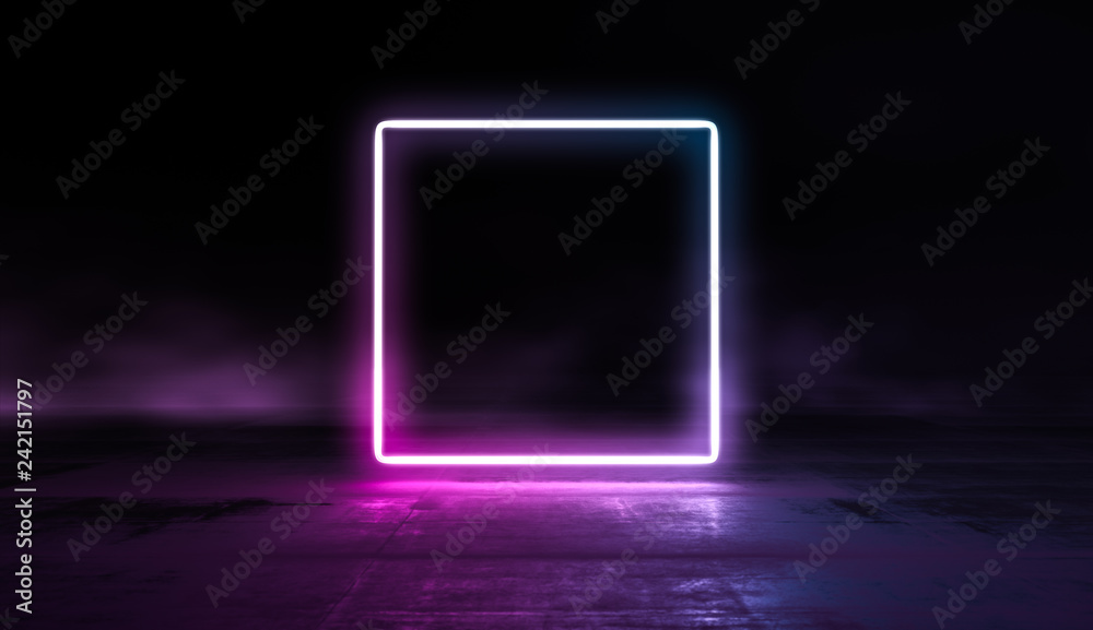 Glowing lines vibrant colors abstract background. Neon pink blue lights in empty space with smoke. 3d render.