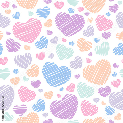 Childish hearts background in pastel colors. Stylish print with hand drawn hearts. Vector illustration. Seamless pattern.