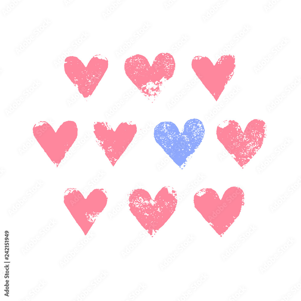 Grunge sponge print rough pink and blue hearts on white valentine's day card template, vector Grunge sponge print rough pink and blue hearts on white valentine's day card template, vector