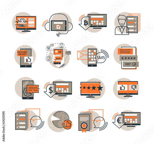 Vector set of SEO targeting, performance, monitoring icons. Search and review analysis results icons. E commerce marketing and support cervice icons. Trendy flat line design style