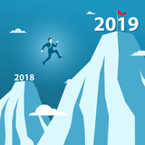 Businessman Jump Between 2018 and 2019 Years on the Top of Mountain Over Big Gap Hill, Concept of Happy New Year 2019 or 2019 Target Goal.